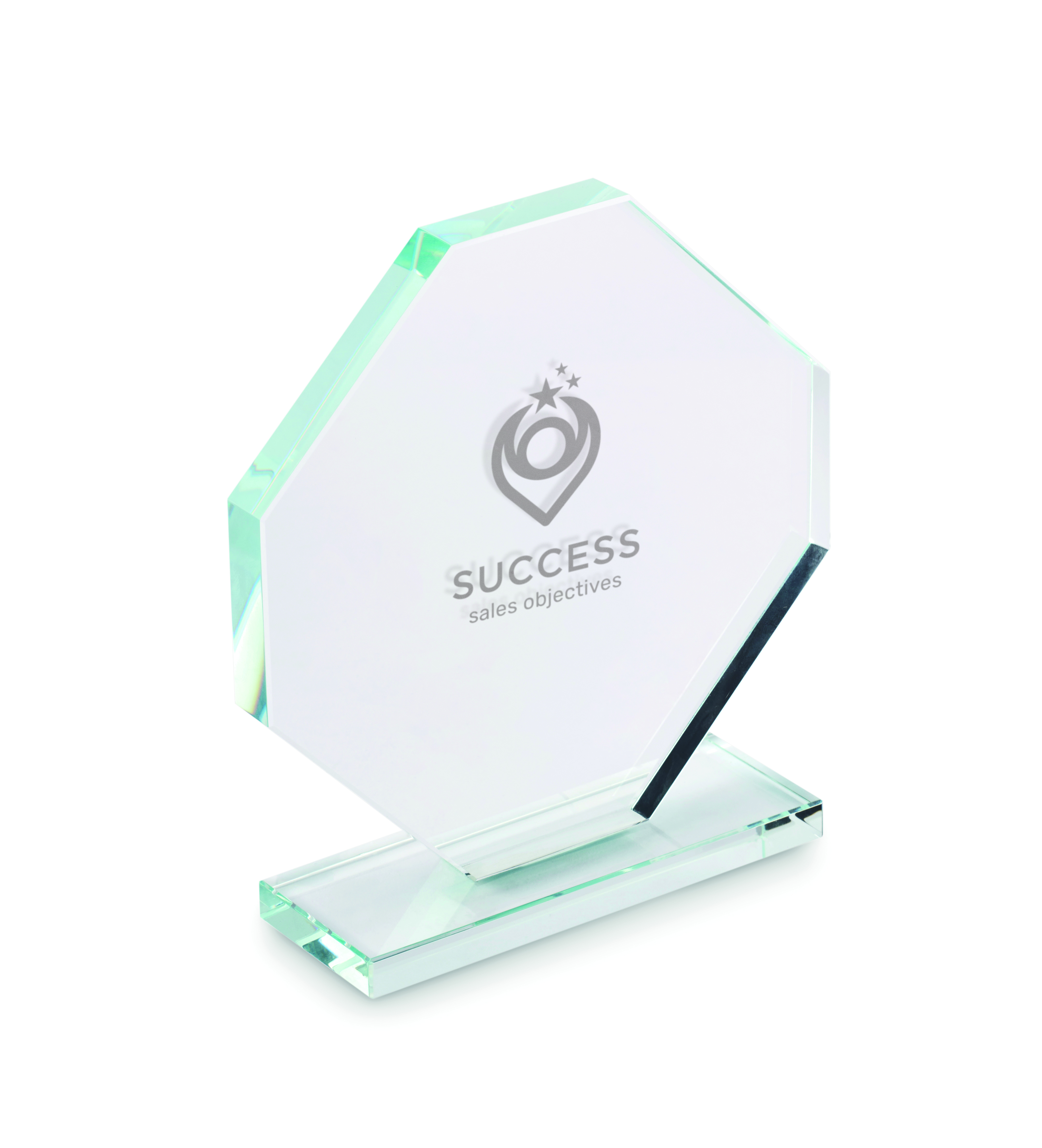 glänzender Pokal, Kristallauszeichnung, Acht-eckige_plakette, grüne Basis, transparentes Acrylglas, Kristalltrophäe, Glas, Acryl, Preisaward, Marketingobjekt, glasstrophy, trophy, crystal, award, green-tacet