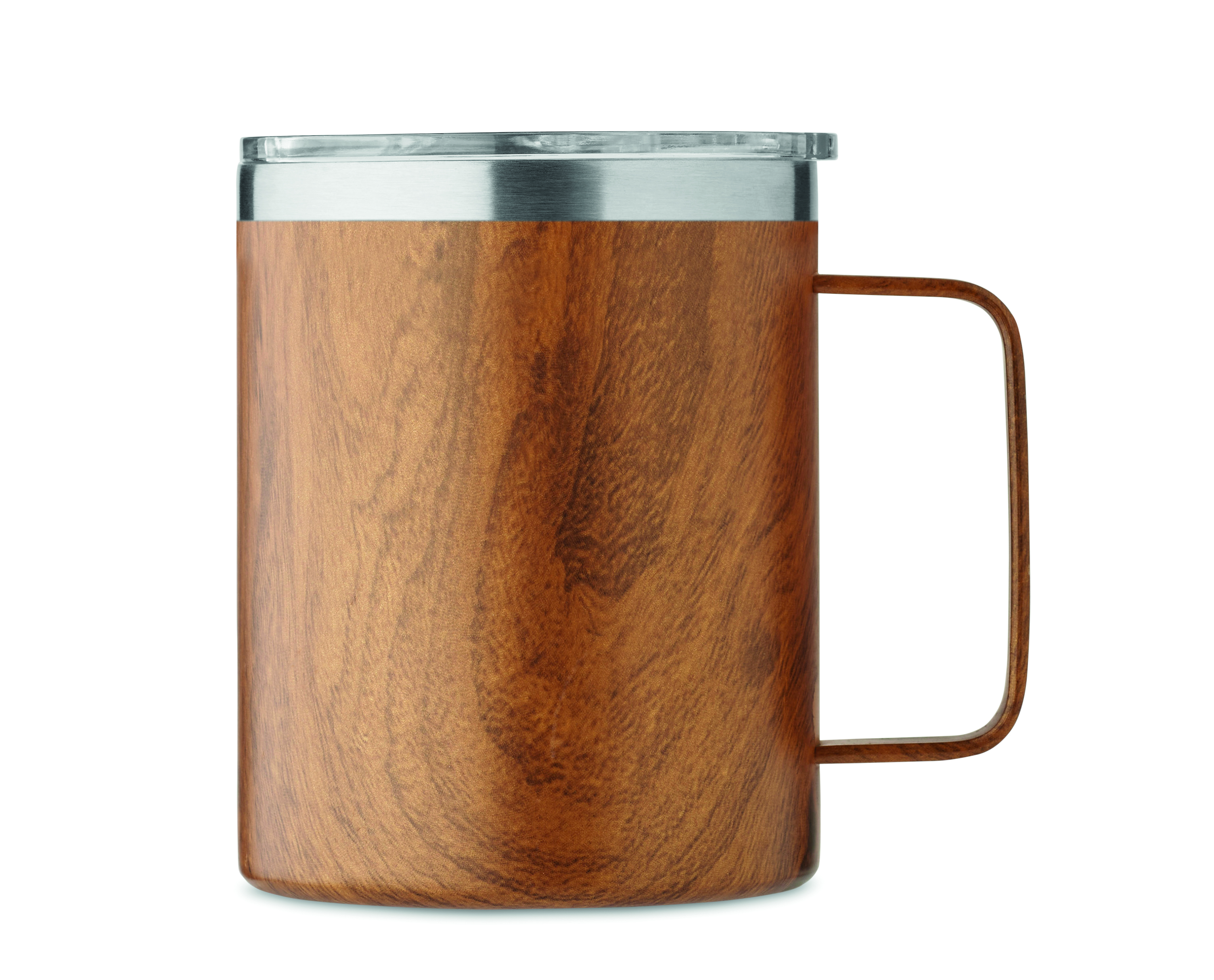 Kaffeebecher, Fassungsvermögen, Holzoptik, Metalldeckel, Griff aus Holz