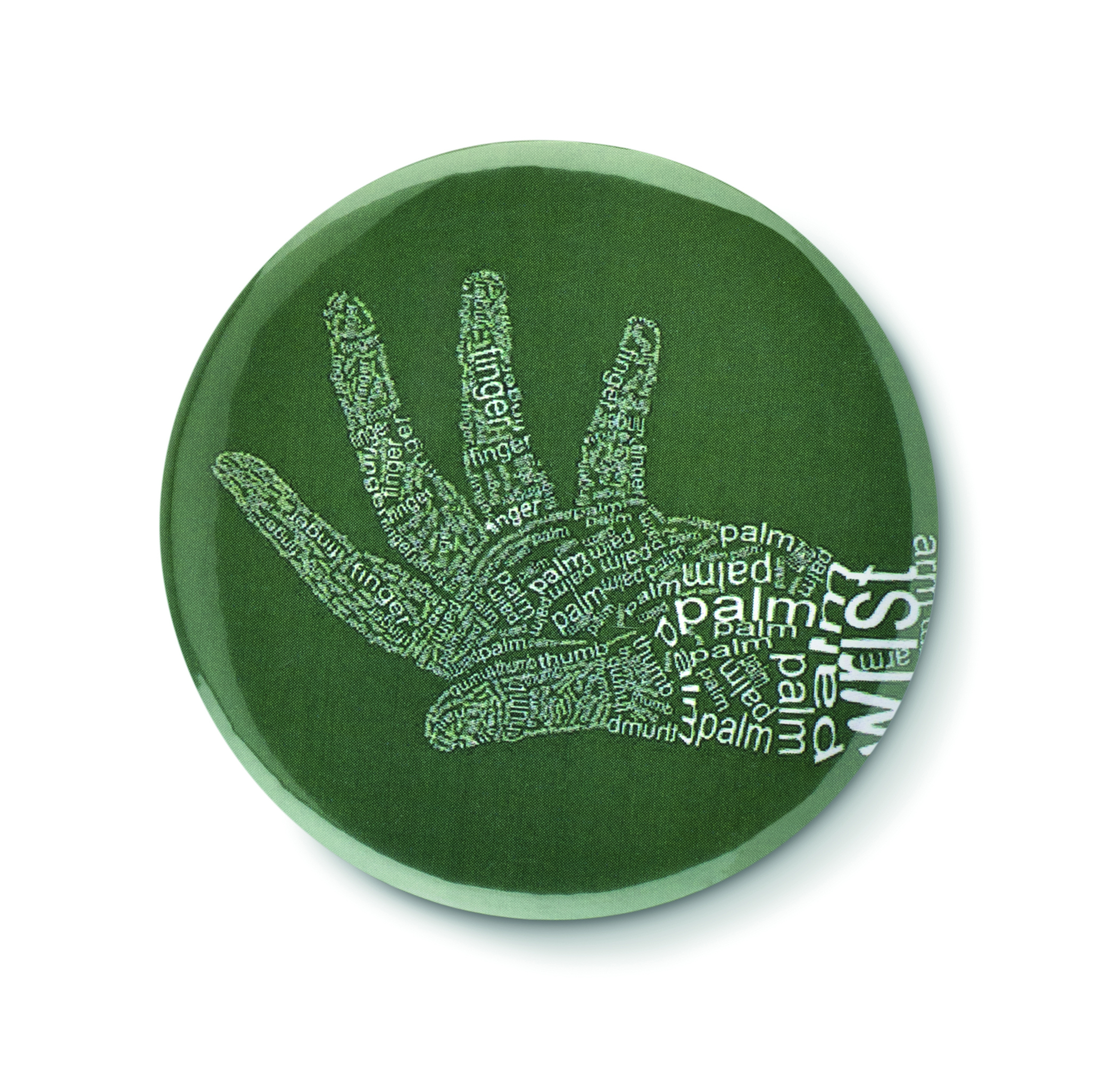 handabdruck, grün, runder pin, palmen, druckkunst