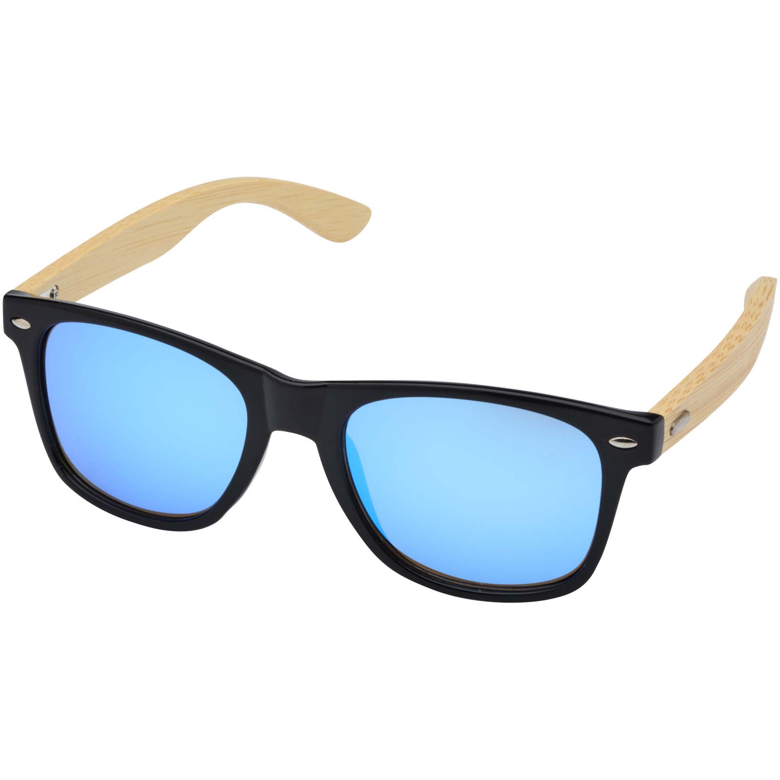 Sonnenbrille, Schwarzrahmen, Blaulinse, Holz-Tempel, Kunststoffrahmen, Sonnenbrille, blaue Gläser, schwarzer Rahmen, Holzarme, Retro-Stil