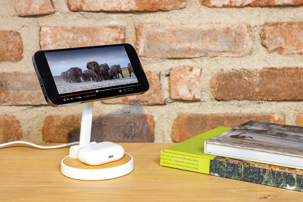 Handy, Holz, Überwachen, Bildschirm, Brot, Elefant, Video, Smartphone, Stativ, Bücher, Elefantenherde,  Smartphone-Halter,  Wireless-Ladegerät,  Bücher​, Smartphone-Stativ, Telefon auf Stativ, Elefantenbild, Weißes Stativ, Holzbasisklemmung