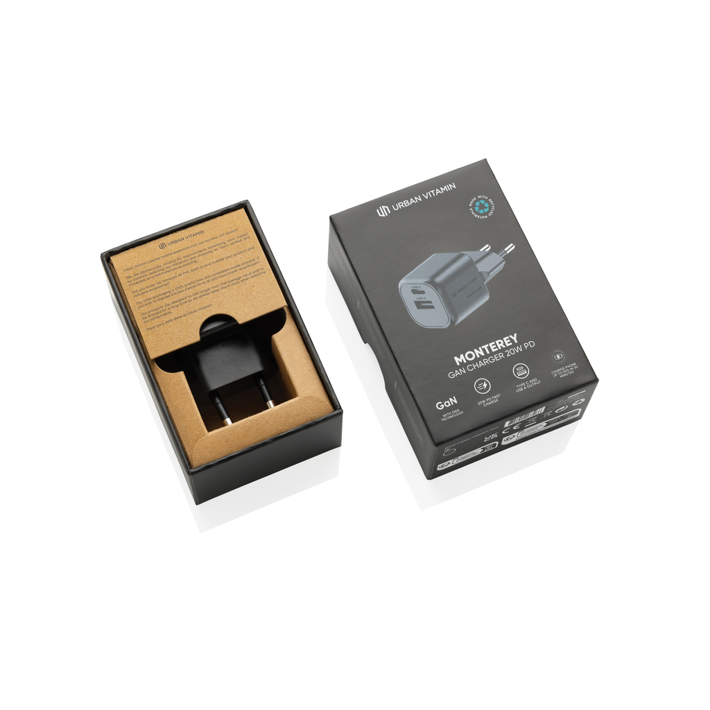 Adapter, Elektronik, Ladestation,  USB-A,  USB-C,  20W PD,  Montrey Box, USB-C Ladegerät, Wandladen, GaN Ladegerät, 2A USB, Montagebox, Ladegerät, USB-C, 20W, GaN, Monterey