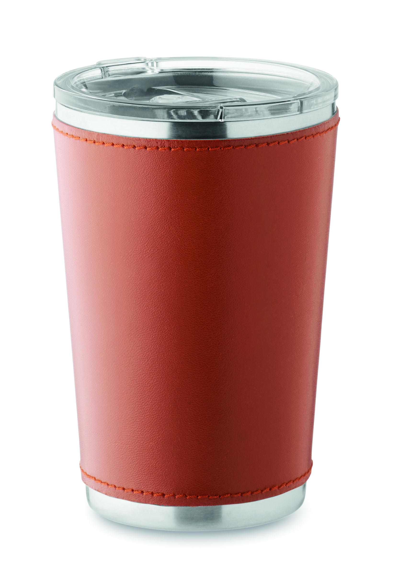 Becher, Travel Becher, Kaffeebecher, Stahlrand, Lederhülle, Becher, Trinkbecher, Kunststoffdeckel, Rotbraun, Lederhülle, Kaffeebecher, Mehrwegbecher, Tasse, Lederhülle, Metallrand, Kaffeebecher, Trinkbecher, To-Go-Becher, Kunstleder, Rot