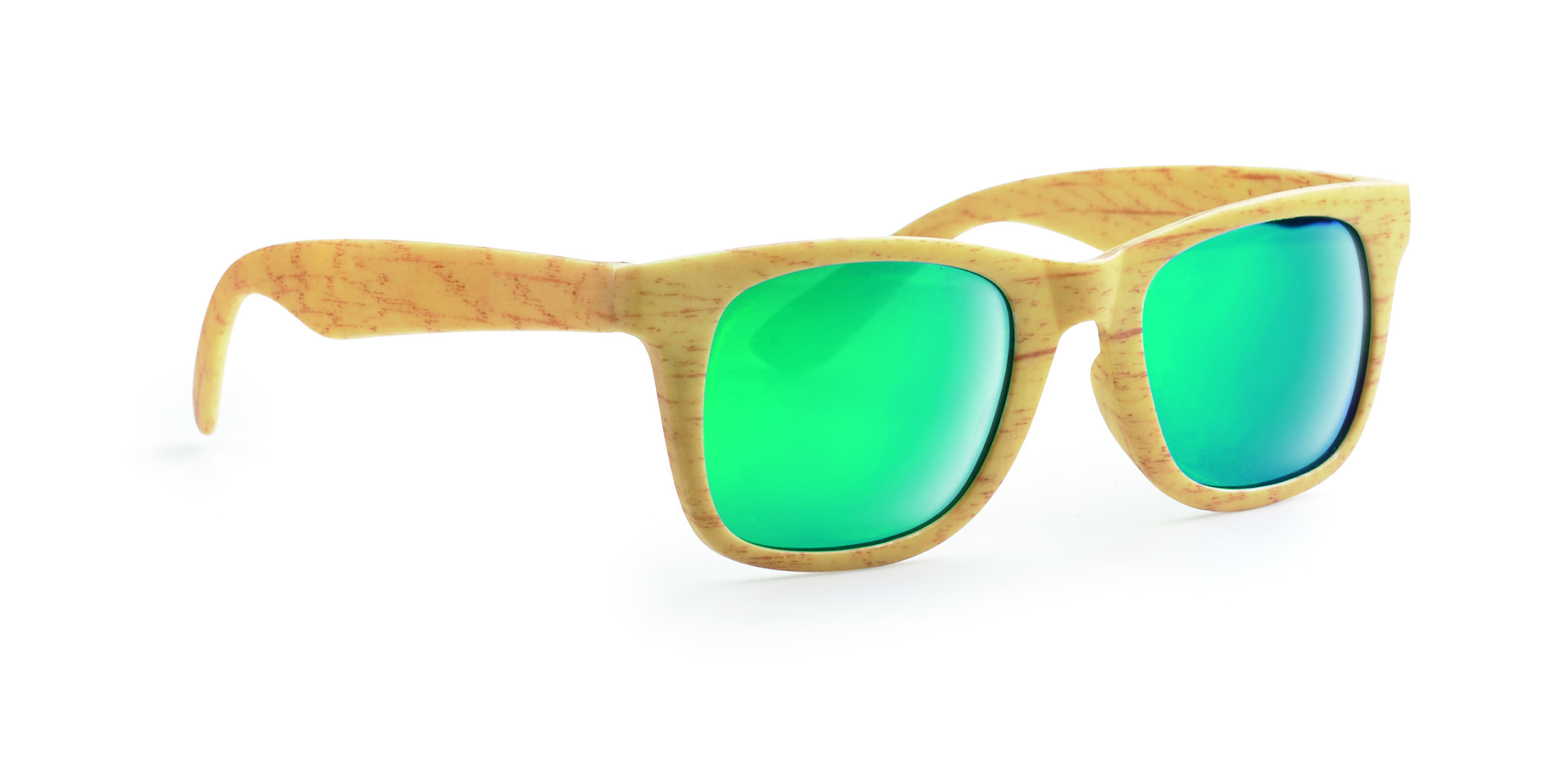 Sonnenbrille, Holzrahmen, grüne Spiegelglas, Buntes Muster, Kunststoffrahmen