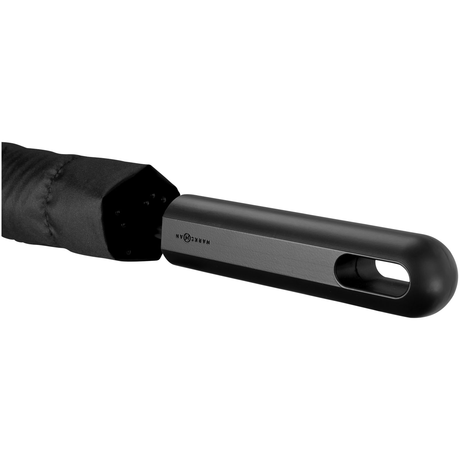 Regenschirmgriff, geschlossenes Grifflogo, Schwarz, Umgriﬀ aus Kunststoff, Kompakte Schirmklammer, Regenschirm, Trageöse, Griff, gefaltet, schwarz, Regenschirm, Schirmgriff, Durchmesser-Griff, Schwarz, Automatisches System